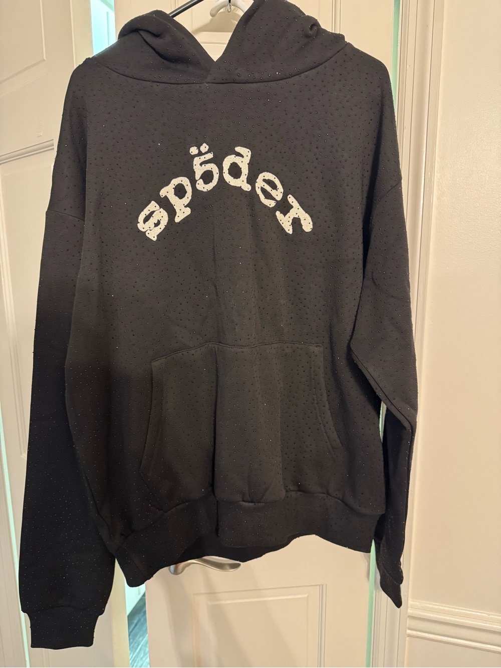 NEW Sp5der Spider Black Rhinestone Womens Large Crewneck Hoodie with Logo
